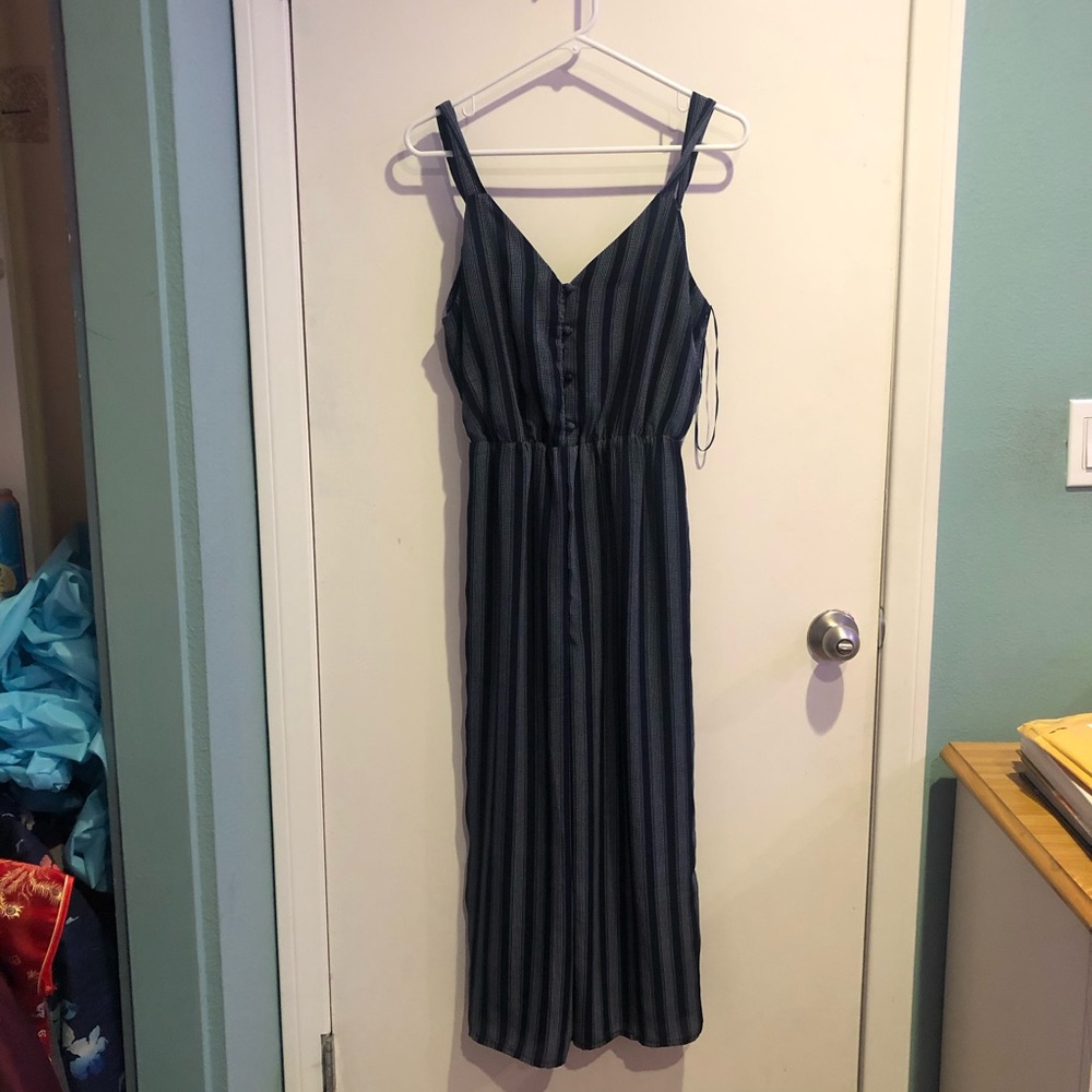 navy and white striped jumpsuit